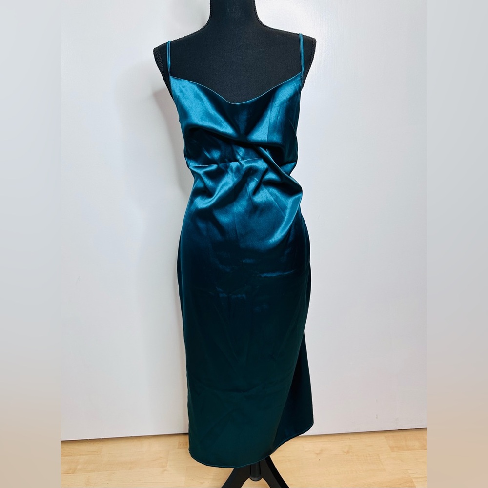 Ruched Draped Satin Dress with Side Slit